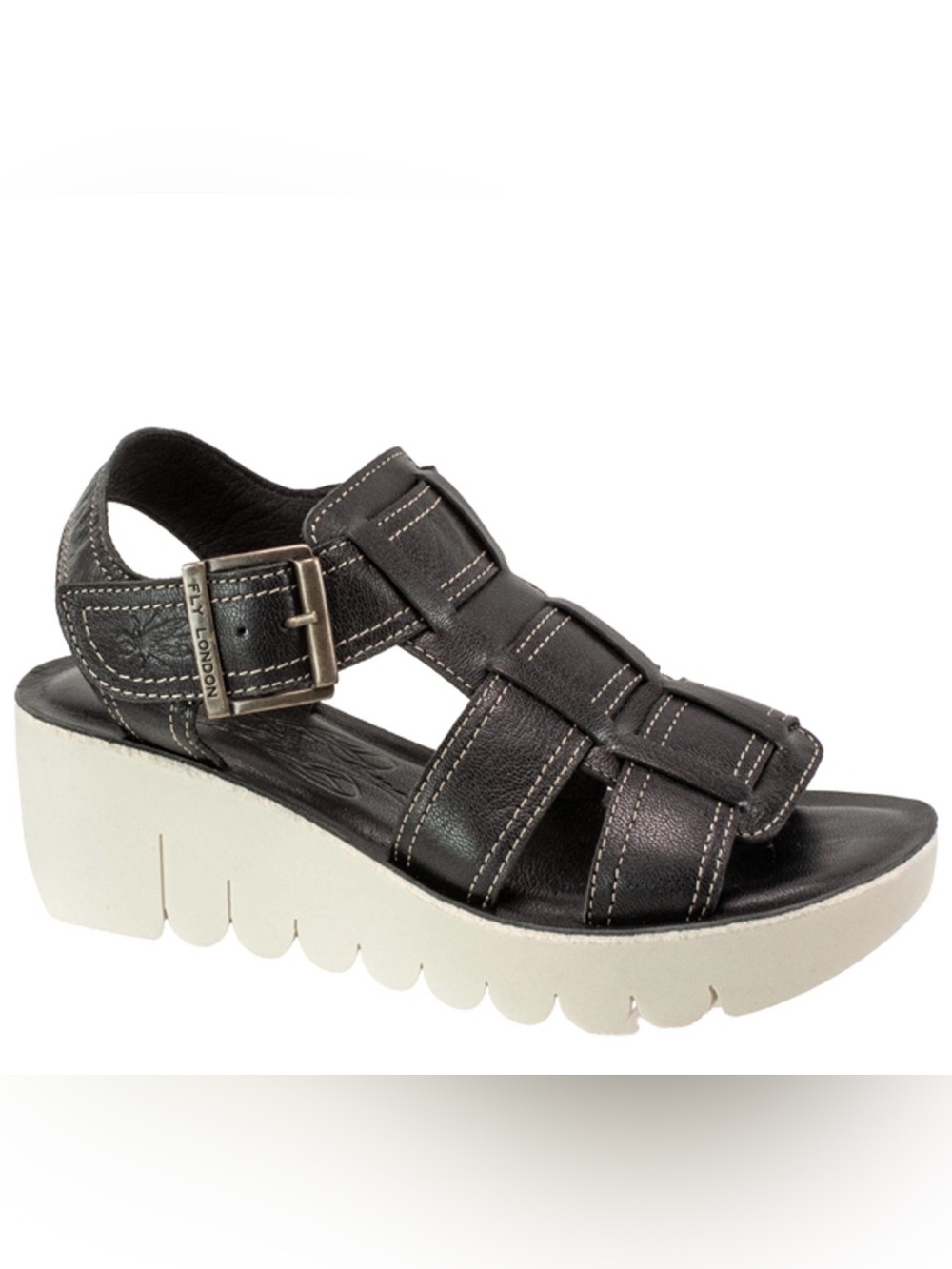 Fly London Yudd Leather Caged Strap Platform Wedge Sandals